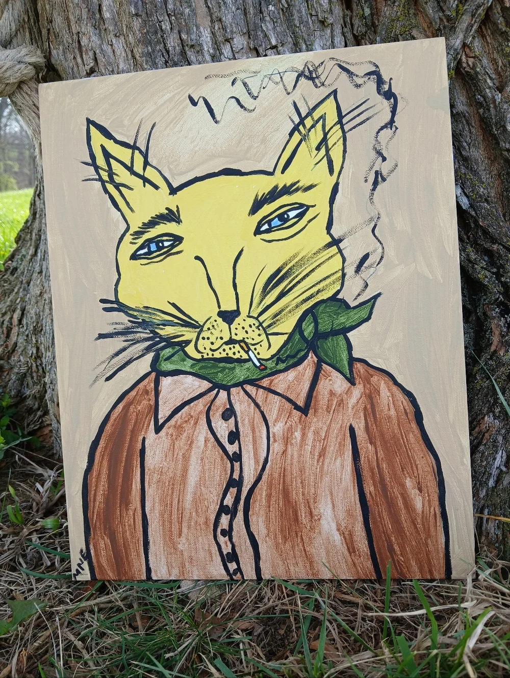Smoking Cat Painting Folk Art - Picture 6 of 10